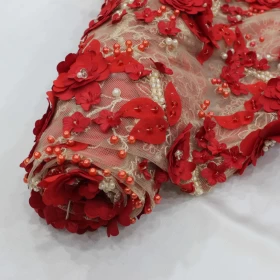 Beige Red Floral  Hand Made Embroidery - Tulle fabric