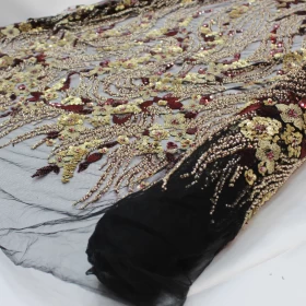 Black Floral Hand Made Embroidery - Net fabric