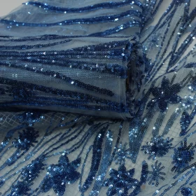 Blue Tulle with Sequence Embroidery - Soft Net Fabric