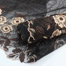 Floral Black & Brown Embroidery - Tulle Fabric