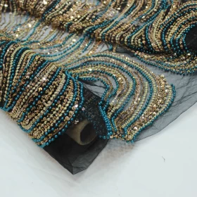 Hand Made Black & Blue with golden beaded Embroidery - Net fabric