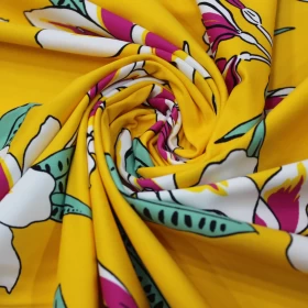 Yellow Floral Printed Stretch Fabric - 001