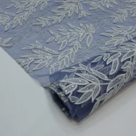 Blue Floral Embroidery - Net Fabric