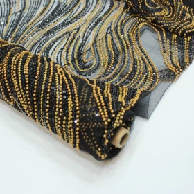 Hand Made Black with Golden beaded Embroidery - Net fabric