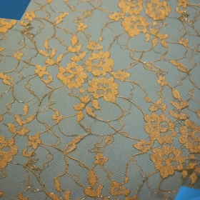 Golden Floral French Lace Fabric - 001