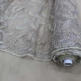 Grey Hand Made Embroidery - Tulle Fabric