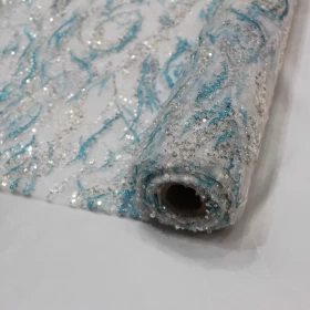 White / Blue  Hand Made Embroidery - Tulle fabric