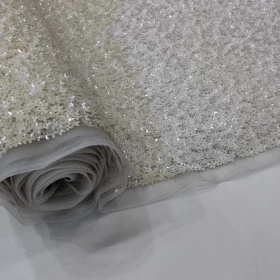 White Floral 100% Hand Made Embroidery - Net Fabric