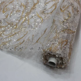 White / Gold Hand Made Embroidery - Tulle fabric