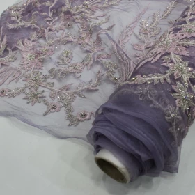 Purple Hand Made Embroidery - Tulle fabric