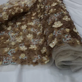 Beige / Brown  Floral Hand Made Embroidery - Tulle fabric