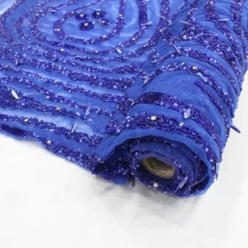 Beaded Blue Hand Made Embroidery - Tulle fabric