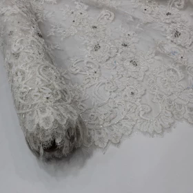 Off White Lace 100% Hand Made Embroidery - Net Fabric