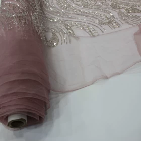 Pink  Hand Made Embroidery - Tulle fabric