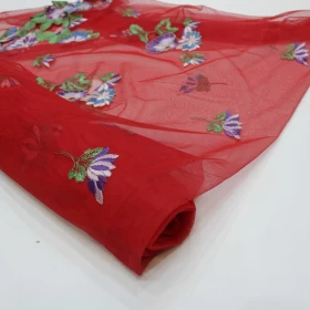 Red Floral Embroidery - Net Fabric