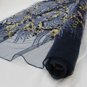 Midnight Blue Floral Hand Made Embroidery - Net fabric