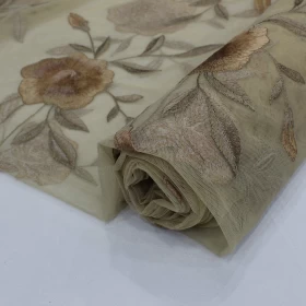 Floral Brown Embroidery - Tulle Fabric