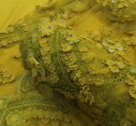 Yellow Hand Made Embroidery - Tulle  Fabric