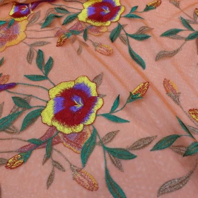 Orange Floral Embroidery - Tulle Fabric