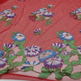 Red Floral Embroidery - Net Fabric