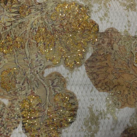 Brown Floral Embroidery - Net Fabric