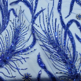 Blue Hand Made Embroidery - Tulle fabric