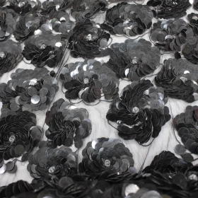 Black Floral Hand Made Embroidery - Tulle fabric