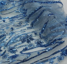 Blue Tulle with Sequence Embroidery - Soft Net Fabric