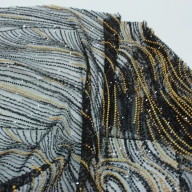 Hand Made Black with Golden beaded Embroidery - Net fabric