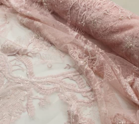 Pink Hand Made Embroidery - Tulle Fabric