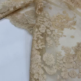 Brown Embroidery - Tulle Fabric