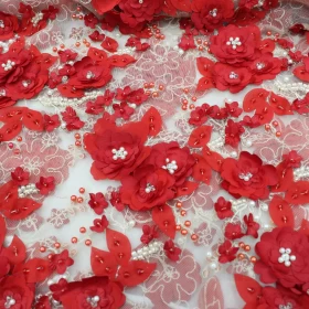 Beige Red Floral  Hand Made Embroidery - Tulle fabric