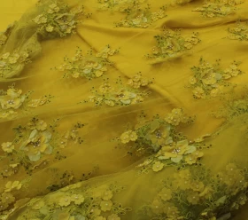 Yellow Hand Made Embroidery - Tulle  Fabric