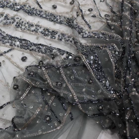 gray Beaded Hand Made Embroidery - Tulle fabric