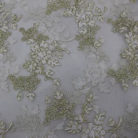 White Golden Embroidery - Tulle Fabric