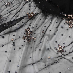 Beaded Black Hand Made Embroidery - Tulle fabric