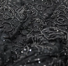 Hand Made Embroidery - shiny black bead deign fabric