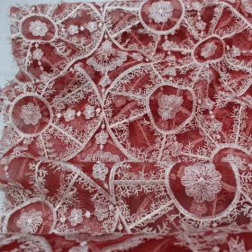 Red Embroidery - Tulle Fabric