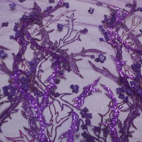 Purple Embroidery - Tulle Fabric