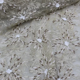 Golden Floral Pattern Hand Made Embroidery - Tulle fabric