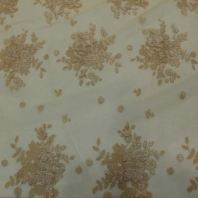 Beige Floral Embroidery - Net Fabric