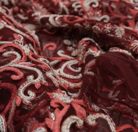 Red  Hand Made Embroidery - Base net fabric