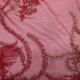 Red & Golden Floral Embroidery - Net Fabric