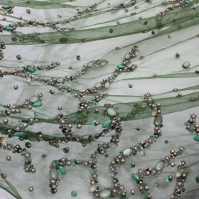 Green Crystal Hand Made Embroidery - Tulle fabric