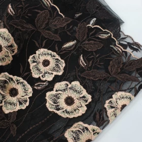 Floral Black & Brown Embroidery - Tulle Fabric