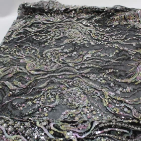 Black Sparkling Hand Made Embroidery - Net fabric