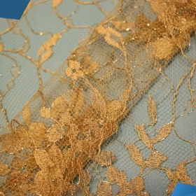 Golden Floral French Lace Fabric - 001