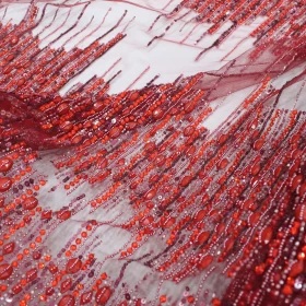 Red Crystal Hand Made Embroidery - Tulle fabric